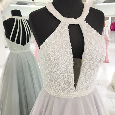 Cheap Elegant Fashion Sexy Halter Tulle Beaded A line Custom Grey Long Evening Prom Dresses, 17359