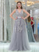 Gray Lace V Neckline Tulle Long Evening Prom Dresses, Popular Cheap Long Party Prom Dresses, 17265
