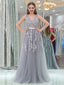 Gray Lace V Neckline Tulle Long Evening Prom Dresses, Popular Cheap Long Party Prom Dresses, 17265