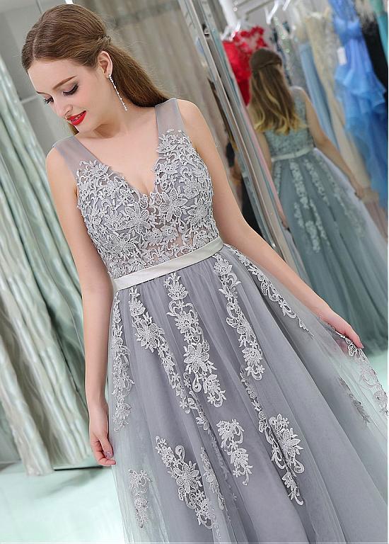 Gray Lace V Neckline Tulle Long Evening Prom Dresses, Popular Cheap Long Party Prom Dresses, 17265