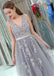 Gray Lace V Neckline Tulle Long Evening Prom Dresses, Popular Cheap Long Party Prom Dresses, 17265