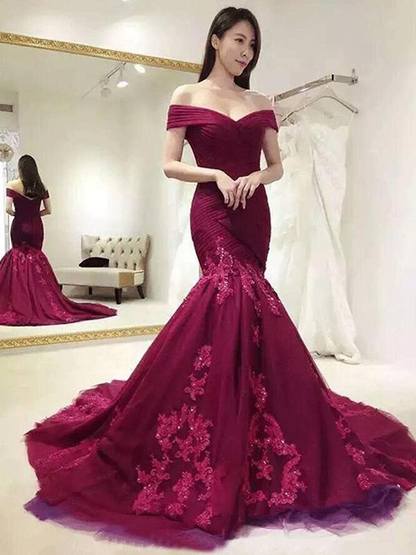 Off Shoulder Red Lace Mermaid Long Evening Prom Dresses, 17667