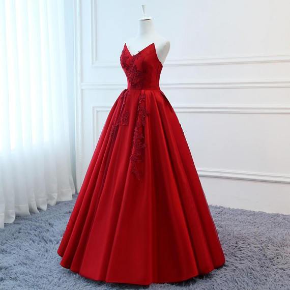 Red V Neck A-line Custom Long Evening Prom Dresses, 17717