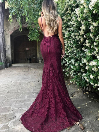 Sexy Backless Red Lace Mermaid Long Custom Evening Prom Dresses, 17396