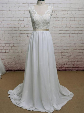 Backless V Neck Cap Sleeve Lace Simple Cheap Beach Wedding Dresses, WD323