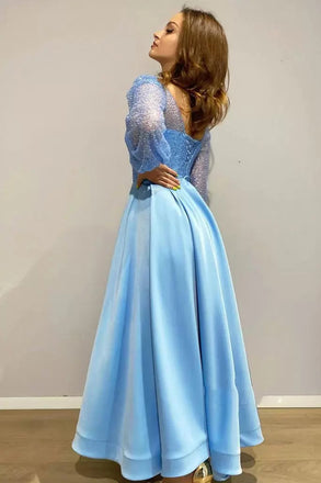 Blue A-line Long Sleeves High Slit Cheap Long Prom Dresses Online,12717