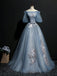 Blue A-line Off Shoulder Half Sleeves Long Party Prom Dresses, Dance Dresses,12360