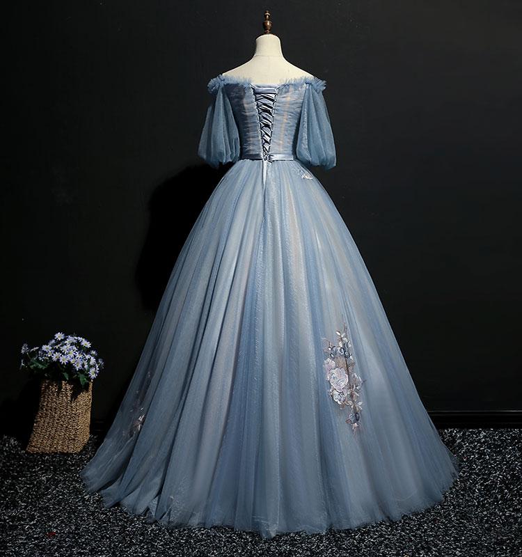 Blue A-line Off Shoulder Half Sleeves Long Party Prom Dresses, Dance Dresses,12360