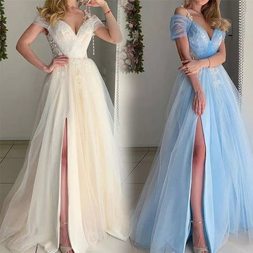 Blue A-line Off Shoulder High Slit Long Prom Dresses,Evening Dresses,12899