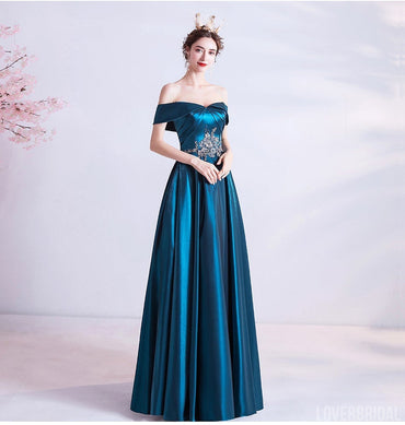 Blue A-line Off Shoulder Long Prom Dresses Online, Evening Party Dresses,12562
