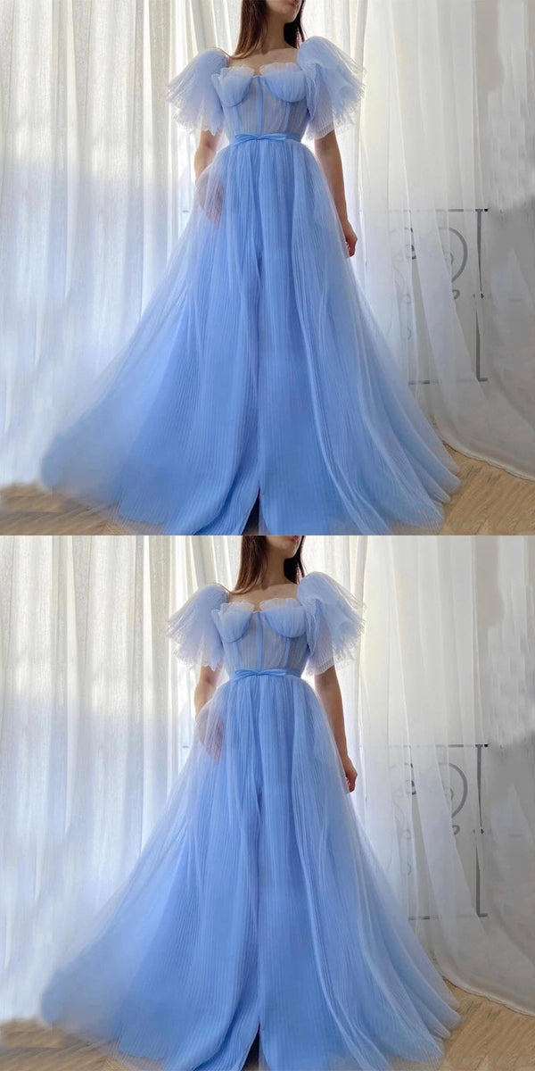 Blue A-line Short Sleeves Cheap Long Prom Dresses, Evening Party Dresses,12699