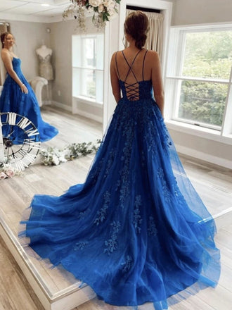 Blue A-line Spaghetti Straps Backless Long Prom Dresses Online,12546