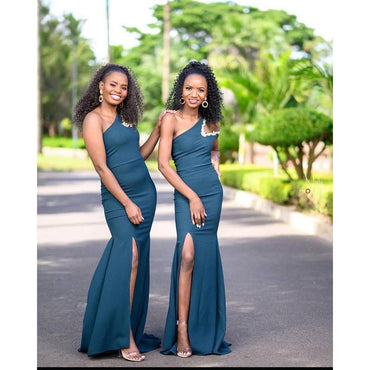 Blue Sexy Mermaid One Shoulder High Slit Cheap Bridesmaid Dressing Online,WG897