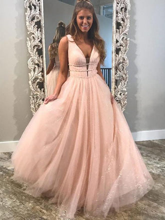 Blush Pink V Neck Straps A-line Sparkly Tulle Long Evening Prom Dresses, 17562