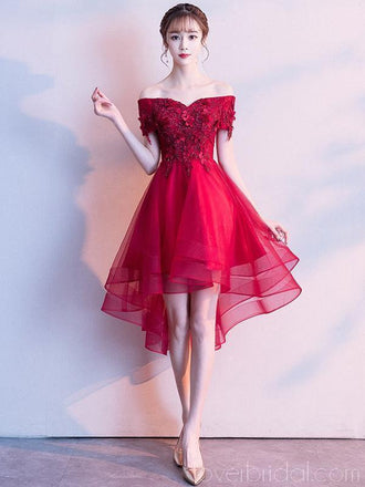 Bright Red Off Shoulder High Low Cheap Homecoming Dresses Online, Cheap Short Prom Dresses, CM783