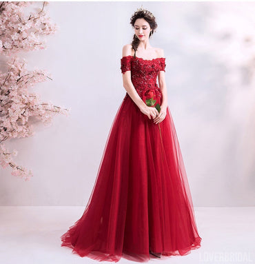 Burgundy A-line Off Shoulder Long Prom Dresses Online, Dance Dresses,12561