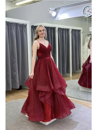 Burgundy A-line Spaghetti Straps V-neck Long Prom Dresses Online,12555