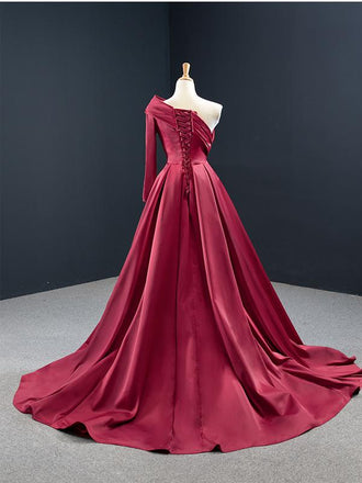 Burgundy Mermaid Long Sleeves One Shoulder High Slit Prom Dresses Online,Dance Dresses,12400