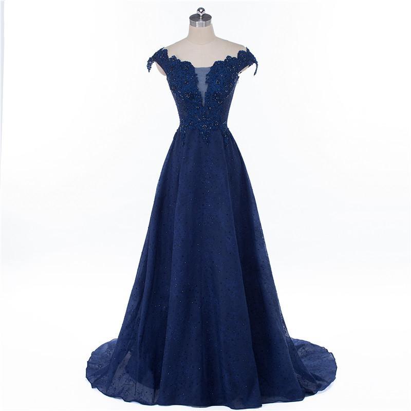 Cap Sleeve Navy Blue See Through A line Lace Beaded Long Evening Prom Dresses, Popular Cheap Long Party Prom Dresses, 17229