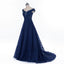 Cap Sleeve Navy Blue See Through A line Lace Beaded Long Evening Prom Dresses, Popular Cheap Long Party Prom Dresses, 17229