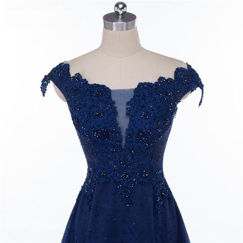 Cap Sleeve Navy Blue See Through A line Lace Beaded Long Evening Prom Dresses, Popular Cheap Long Party Prom Dresses, 17229