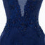 Cap Sleeve Navy Blue See Through A line Lace Beaded Long Evening Prom Dresses, Popular Cheap Long Party Prom Dresses, 17229