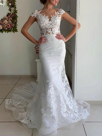 Cap Sleeves Floral Mermaid Handmade Lace Wedding Dresses,WD759