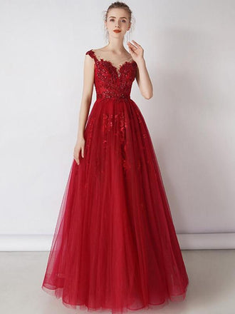 Cap Sleeves Red Beaded Sequin A-line Long Evening Prom Dresses, Evening Party Prom Dresses, 12326
