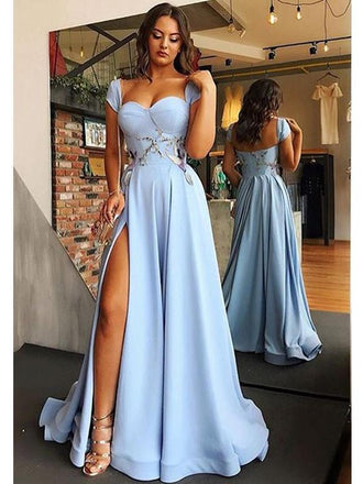Cap Sleeves Side Slit Blue Sweetheart Long Evening Prom Dresses, Cheap Sweet 16 Dresses, 18382