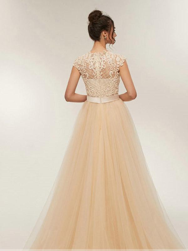 Champagne A-line Jewel Sleeveless Long Prom Dresses Online,Dance Dresses,12443