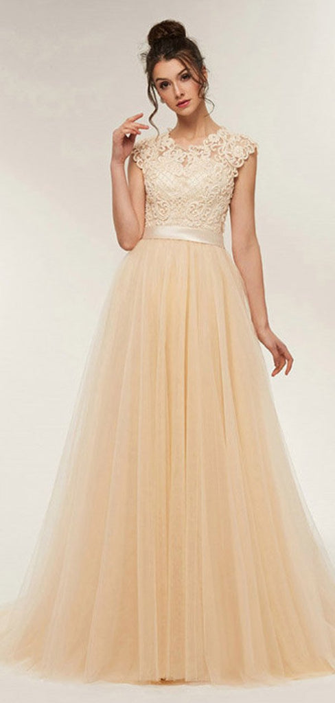 Champagne A-line Jewel Sleeveless Long Prom Dresses Online,Dance Dresses,12443