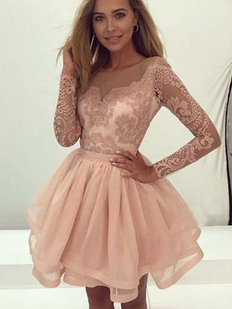 Champagne Lace Long Sleeves Illusion Short Cheap Homecoming Dresses 2018, CM545