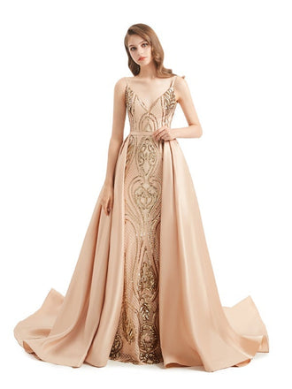 Champagne Mermaid Spaghetti Straps V-neck Long Prom Dresses Online,12588