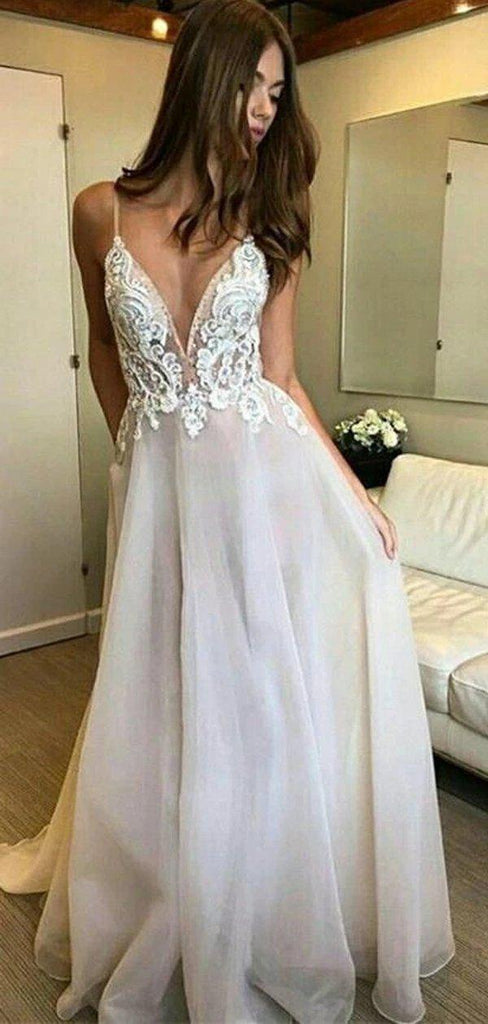 Champagne Spaghetti Straps Backless Cheap Wedding Dresses Online, Cheap Bridal Dresses, WD611