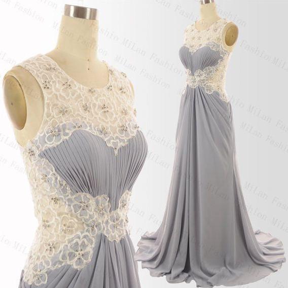 Charming Gray Ivory Formal Maxi Cheap Sleeveless Elegant Long Prom Dresses, WG222