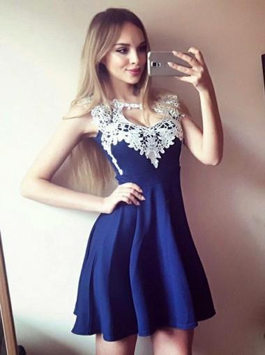 Chiffon Royal Blue Lace Cheap Short Homecoming Dresses Online, CM655