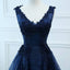 Corset Navy V Neck A-line Lace Custom Long Evening Prom Dresses, 17716