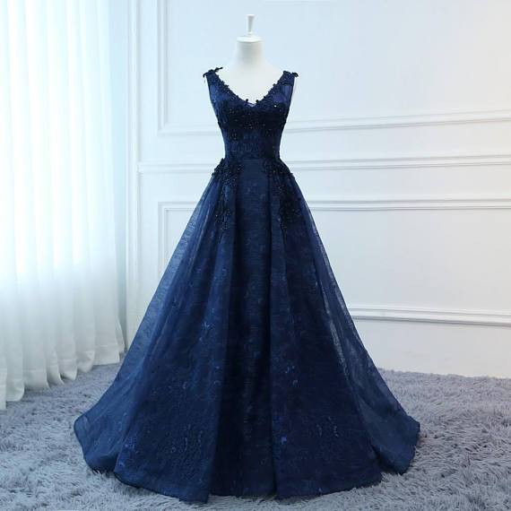 Corset Navy V Neck A-line Lace Custom Long Evening Prom Dresses, 17716