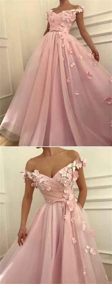 Cute Floral Pink A-line Off Shoulder Cheap Long Prom Dresses Online,12493