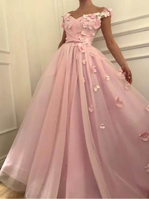 Cute Floral Pink A-line Off Shoulder Cheap Long Prom Dresses Online,12493
