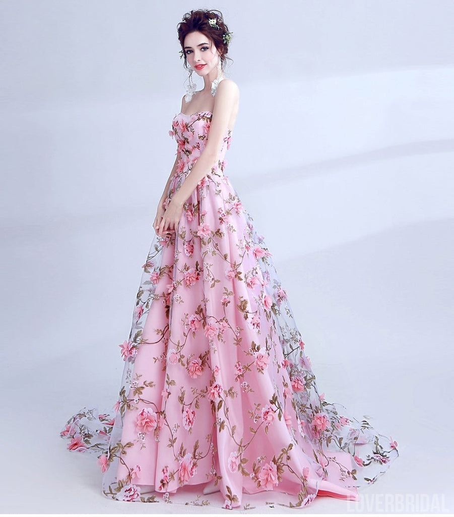 Cute Floral Pink A-line Sweetheart Long Prom Dresses Online, Dance Dresses,12560