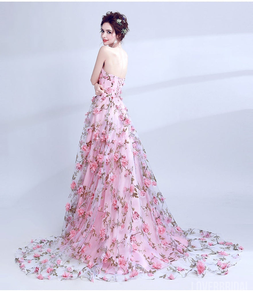Cute Floral Pink A-line Sweetheart Long Prom Dresses Online, Dance Dresses,12560