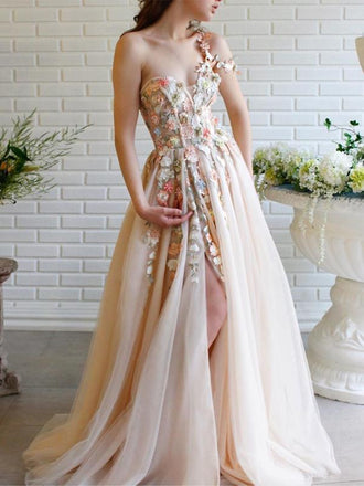 Cute One Shoulder Lace Flower Long Cheap Evening Prom Dresses, Evening Party Prom Dresses, 12351