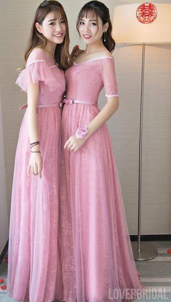 Cute Pink Lace Tulle Long Bridesmaid Dresses, Mismatched Custom Long Bridesmaid Dresses, Cheap Bridesmaid Gowns, BD004