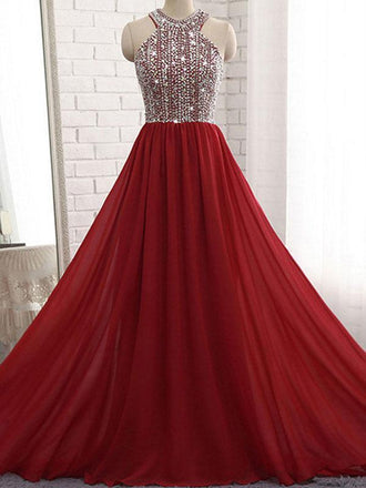 Dark Red Halter Chiffon Beaded A line Long Custom Evening Prom Dresses, 17416