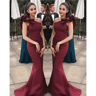 Dark Red One Shoulder Sexy Mermaid Long Bridesmaid Dresses Gown Online,WG911
