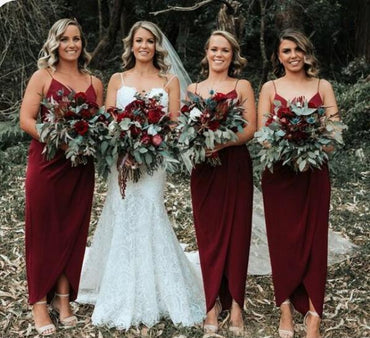 Dark Red Spaghetti Straps Cheap Ankle Length Cheap Bridesmaid Dresses Online, WG677