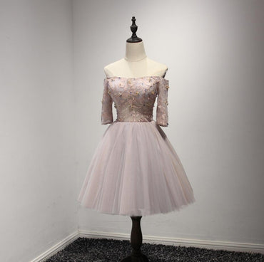 Dusty Pink Off Shoulder Long Sleeve Lace Homecoming Prom Dresses, Affordable Short Party Corset Back Prom Dresses, Perfect Homecoming Dresses, CM220