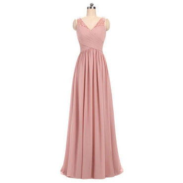 Dusty Pink V Neck Lace Straps Long Chiffon Cheap Bridesmaid Dresses Online, WG280