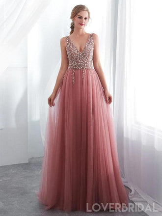 Dusty Pink V Neck Side Slit Beaded Long Evening Prom Dresses, Cheap Custom Sweet 16 Dresses, 18519